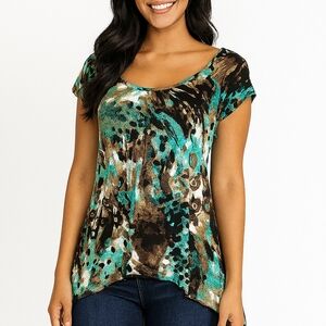 Vtg 90s Animal Print Sharkbite Top M Teal Brown Made In USA Mobwife Y2K Baddie